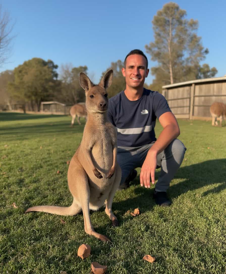 A serene and natural scene featuring a kangaroo standing upright on its hind legs, facing slightly to the left with a relaxed and curious expression. The kangaroo occupies roughly one-third of the foreground, with its fur showcasing detailed texture and subtle brown hues under the soft, warm light, suggesting early morning or late afternoon. The lighting casts gentle shadows and highlights that enhance the serene quality of the scene.

In the background, BLOVE man squats down to the kangaroo's height, dressed in a navy blue sports t-shirt with a light-colored stripe and a logo on the chest, complemented by grey sweatpants and black sneakers. He looks at the camera with a content smile, his relaxed posture mirroring the peaceful ambiance. His clothing textures contrast smoothly with the fur of the kangaroo, adding to the image's tactile richness.

The setting is a grassy field dotted with scattered leaves, lush and verdant under a clear blue sky. Distant trees and a wooden fence frame the background, their brown tones harmonizing with the scene's natural palette. Another kangaroo can be seen further back, grazing on the grass, enriching the composition with a sense of depth and natural activity.

The overall mood is peaceful and idyllic, with vibrant, harmonious colors. The greens of the grass and leaves