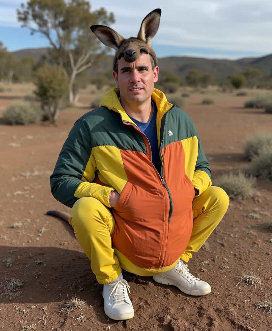 a photo of BLOVE man,  sitting inside of a giant kangaroos pouch