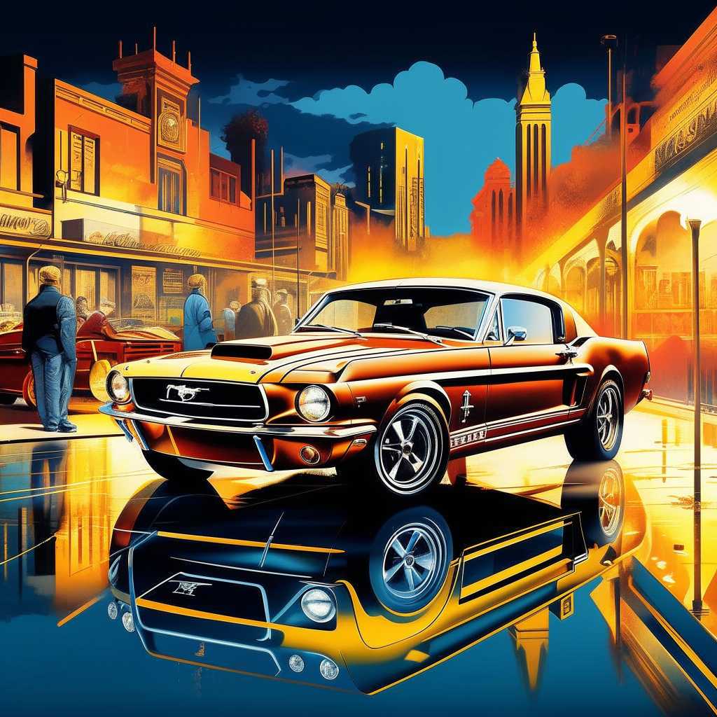 Car, mustang, movie, person, poster, car cover, person, in the style of alessandro gottardo, gold and cyan, gerald harvey jones, reflections, highly detailed illustrations, industrial urban scenes