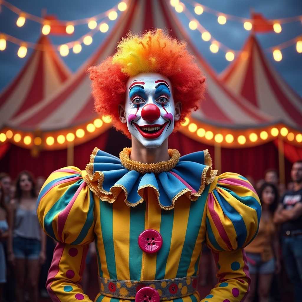 A vibrant and whimsical portrait of a clown standing in the center of a circus tent. The clown has a face painted in vivid colors, with exaggerated red lips, rosy cheeks, and a brightly colored wig. His costume is a kaleidoscope of patterns with oversized polka dots and stripes, featuring large, puffy sleeves, and big colorful buttons. He wears a comically large, red nose.

The background depicts a classic circus tent with red and white stripes, filled with an audience of blurred, excited faces, adding a sense of depth and liveliness to the scene. The lighting is dramatic, with a spotlight centered on the clown, casting soft shadows that emphasize the contours and textures of his outfit. 

The artistic style is reminiscent of a 1930s vintage circus poster, with rich, saturated colors and a slight grainy texture. The mood is joyful and slightly nostalgic, capturing the enchanting atmosphere of a circus at dusk, where hues of purple and pink sky may peek through the tent openings. The image is framed from a slightly low angle, making the clown appear larger than life, with a full-body shot that ensures all the intricate details of his costume and makeup are visible. 

The overall composition should create a sense of whimsy and wonder, highlighting the playful and