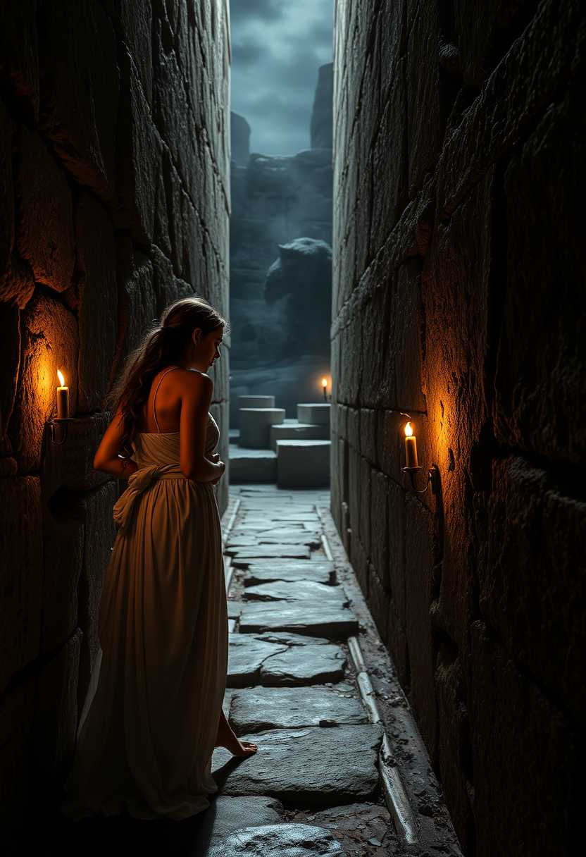 Two beautiful young Greek women, skinny, clad in simple yet elegant togas, anxiously hide next to the ancient stone walls of the Labyrinth of Crete. The togas, draped in a pristine white, flow gently to the ground, contrasting sharply with the weathered, rough textures of the labyrinth walls, which are covered in moss and ancient inscriptions. The dim, flickering light of torches casts eerie shadows, highlighting the fear and anticipation etched on the girls' faces. In the distance, the colossal Minotaur looms, partially obscured by the twisting corridors of the labyrinth. The atmosphere is thick with tension and the faint echoes of the Minotaur's heavy breathing add to the palpable suspense. The scene is set during the night, with the labyrinth bathed in an eerie, low light that deepens the shadows and enhances the sense of mystery. In a style reminiscent of classical Greek art blended with the dramatic chiaroscuro technique used in Baroque paintings, the composition draws the viewer's eye from the terrified girls in the foreground to the ominous Minotaur in the background. The camera angle is slightly elevated, capturing the vast, intricate complexity of the labyrinth and emphasizing the sense of entrapment. The overall mood