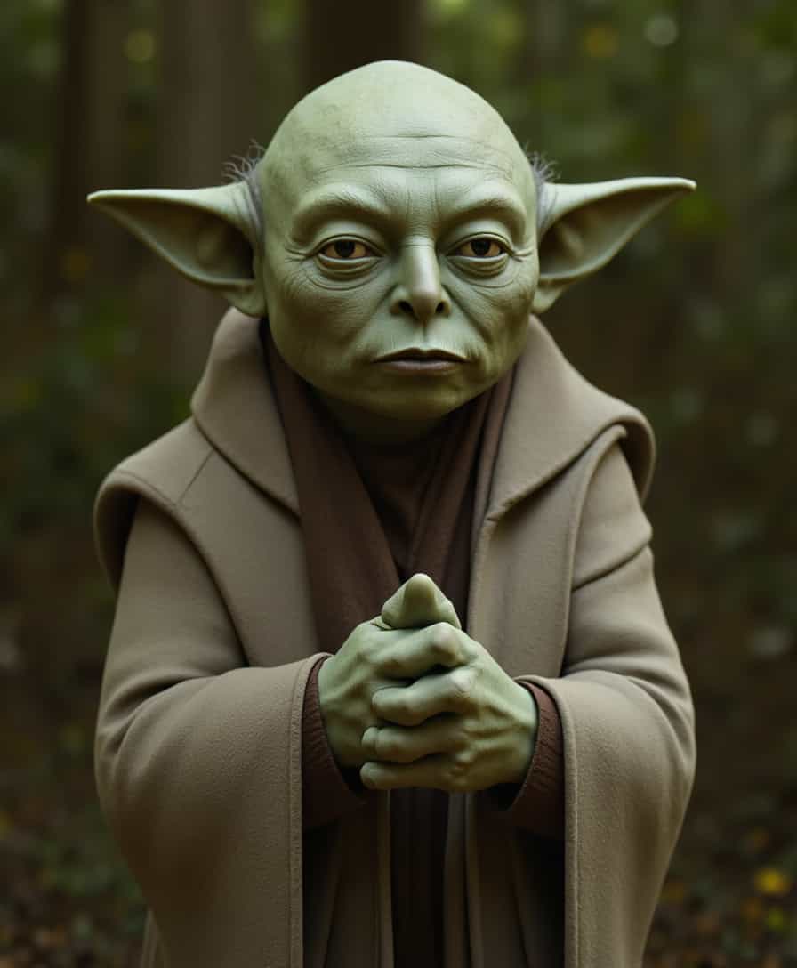 a photo of MUSK, , This image features a MUSK character that appears to be Yoda, looking at viewer,  from the Star Wars franchise. The character is depicted with a highly detailed and realistic texture that gives a lifelike appearance. The skin is a pale green with a wrinkled texture, and the folds of the clothing are intricately modeled to reflect light and shadow.The art style of the image is a blend of realism and fantasy, with a focus on the characters expressive face and the detailed textures of the clothing and skin. The medium seems to be a computer-generated 3D model, as evidenced by the smooth surfaces and the way light interacts with the characters form.The colors in the image are muted and earthy, with a predominance of greens, browns, and grays. The lighting is soft and diffused, casting gentle shadows that give depth to the characters features and the environment. The background is blurred, with hints of green and brown tones that suggest a natural setting, possibly a forest or a swamp.The objects in the image are primarily the characters clothing and accessories. The clothing is a simple, tattered robe in earthy tones, with a brown undergarment visible underneath. The characters hands are clasped together, with fingers that are long and bony, giving a sense of wisdom and contemplation. The MUSK characters ears are pointed and elongated, characteristic of Yodas appearance.Overall, the image is a skillful blend of realism and fantasy, capturing the essence of the MUSK character Yoda with attention to detail and a thoughtful use of color and lighting.