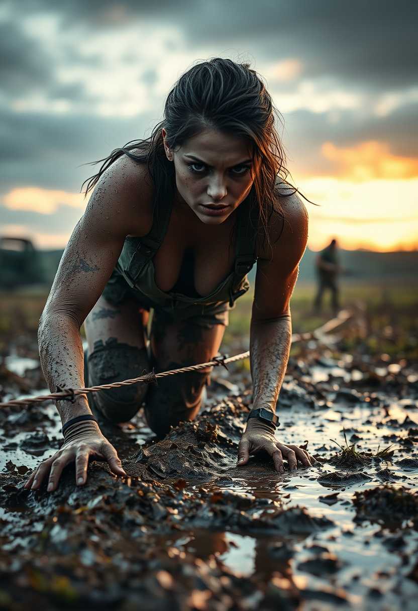 A detailed, photo-realistic depiction of a young-looking female soldier crawling through a muddy, rain-soaked field at dusk. The soldier’s drenched, ripped and very torn gym uniform is intricately detailed with mud splatters and glistening rain droplets. the sky is bright and shiny as she navigate the barbed wire obstacle course.