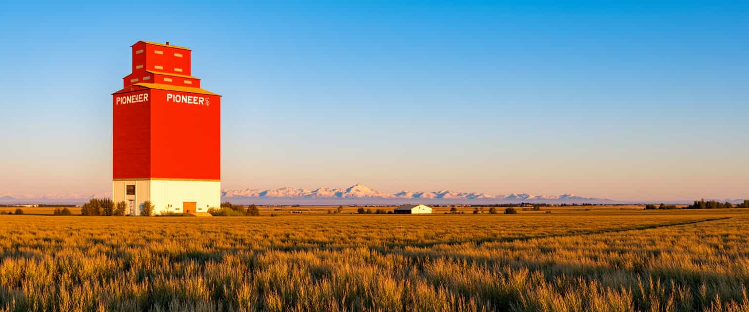 a photo of OLDS, ,This image captures a vast, open landscape under a sunset sky. The focal point of the image is a tall, faded red/orange grain elevator with the word "Pioneer" written on its side. The elevator stands on a white base and has a yellow roof, with a smaller, similarly colored structure on top. The elevator is situated in the middle of a field, with a few sparse trees and shrubs around it. The field in the foreground is a mix of green and brown grass, indicating that it may be in the process of being harvested or that it is a dry season. The field stretches out to the horizon, where it meets a line of trees and shrubs that delineates the field from the distant rocky mountains. The rocky mountains are faint and appear to be covered in snow, suggesting that they are at a considerable distance.The sunset:2.3 sky is a deep blue/orange/red, with no clouds, indicating fair weather and a sunset. The sunlight bathes the scene in a bright, natural light, casting no shadows and highlighting the textures of the grass and the elevators structure. The art style of the image is realistic, capturing the details of the landscape and the objects in a natural and unadorned way. The medium appears to be a photograph, given the clarity and sharpness of the image.The colors in the image are natural and muted, with the red of the elevator providing a pop of color against the predominantly green and brown tones of the field. The blue/orange/red of the sunset sky and the white of the elevators base add to the calm and serene atmosphere of the scene.
