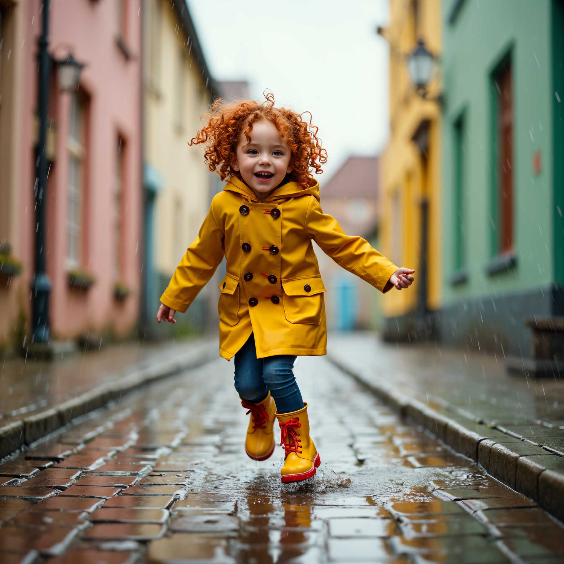 AI-generated image: Create a whimsical scene featuring a young girl with curly red hair joyfully skipping through puddle