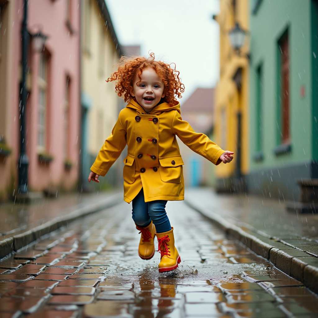 Create a whimsical scene featuring a young girl with curly red hair joyfully skipping through puddles on a cobblestone street. Shes wearing a bright yellow raincoat with a hood, button details, and pockets, paired with blue jeans and yellow rain boots with red laces. The street is lined with colorful houses painted in shades of pink, yellow, green, and blue under a soft, overcast sky. The rain adds a dynamic quality to the scene, with raindrops captured in midair and reflections shimmering on the wet surfaces. The atmosphere is playful and carefree, capturing the innocence and delight of childhood.