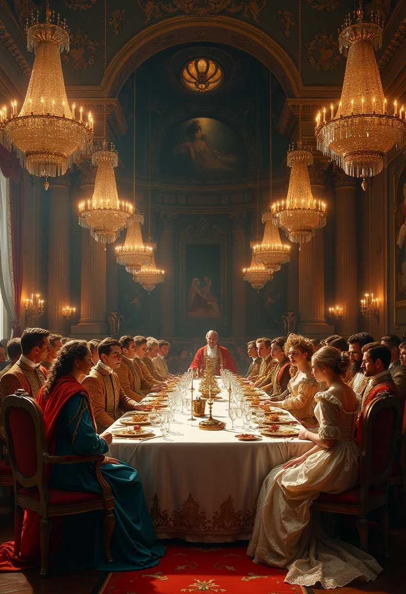 A classical oil painting (style) in a historical royal court setting (genre), showing a grand banquet with a king and queen seated at a long table (subject). The shot is an elevated wide view (camera angle) of the entire banquet hall. The mood is regal and opulent (emotion), with warm candlelight from chandeliers illuminating the scene (lighting). The color palette is rich with reds, golds, and deep blues (color palette), enhancing the luxurious feel of the scene. Aspect Ratio: 2:3.