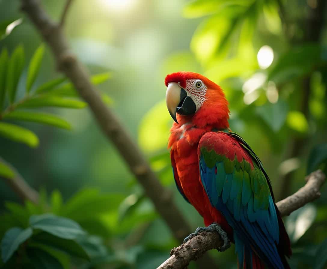A high-definition nature photograph (style) in a lush rainforest (genre), featuring a colorful parrot perched on a branch (subject). The shot is a close-up (camera angle), focusing on the parrot’s vibrant feathers and curious expression (emotion). The scene is naturally lit by sunlight filtering through the dense canopy (lighting), and the color palette is filled with vibrant greens, reds, and blues (color palette). Aspect Ratio: 4:3.
