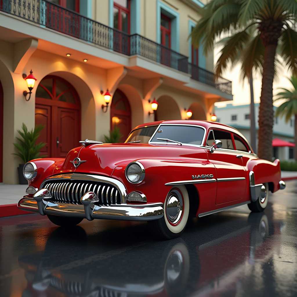 Envision a photorealistic image of a classic red car set against a vintage hotel in miami backdrop. The image should capture every reflection on the car’s polished surface, the curves that give it its distinctive shape, and the intricate details that make it a classic. The setting should complement the car, with elements that evoke a sense of nostalgia. The lighting should highlight the car’s features, creating a play of light and shadow that adds depth to the image. Use a high-resolution 32k camera, and a quality setting of 2 to capture this timeless scene. 
