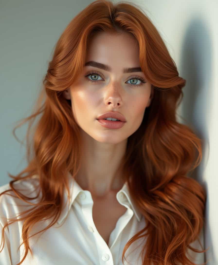 A close-up portrait shot of a stunning, pristine futuristic Middle Eastern woman with deep auburn hair cascading in soft waves. Her expressive eyes and flawless skin are highlighted against a modern minimalist backdrop, featuring pure white aesthetics and sleek, clean lines. The light is soft and diffused, illuminating her face with a gentle, natural glow, while ensuring vibrant and true-to-life colors. Captured with a Nikon Z7 II camera using a 50mm f/1.4 lens, the image boasts a shallow depth of field, rendering the background smoothly out of focus. The composition is centered, with the subject's face framed intimately, filling most of the 4:5 aspect ratio, creating a sense of striking immediacy and elegance. The overall mood is serene and sophisticated, with an air of avant-garde charm.