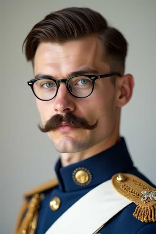 Man in a Royal Military Uniform with a Notable Mustache and Glasses