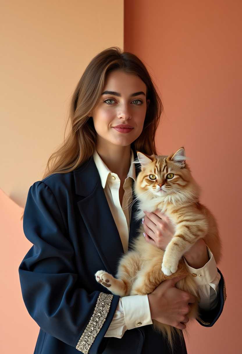A French woman in navy blue and cream attire, holding a Persian cat, set against a peach gradient backdrop, with natural lighting and a fashion magazine cover style. (Aspect ratio: 2:3)