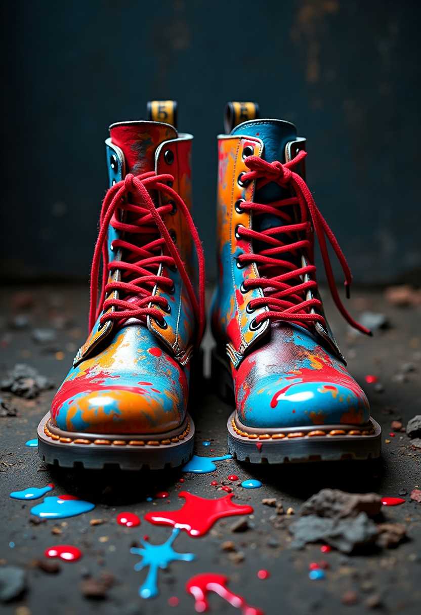 A striking photograph featuring a pair of unique boots as the main subject. The boots, covered in vivid, multicolored paint splatters and drips, incorporate hues of red, blue, yellow, and orange, creating a chaotic yet harmonious pattern reminiscent of Jackson Pollock's abstract expressionism. The boots are upright, positioned center-frame on a dark, rugged surface that provides a stark contrast to the vibrant colors of the paint. Each boot is laced with red laces that are slightly frayed and unkempt, enhancing their rugged and artistic aesthetic. The scene is lit dramatically, with moody lighting that accentuates the textures and colors of the boots while keeping the background in shadow, thus drawing full attention to the focal point. The overall composition is minimalist, ensuring the brightly colored boots are the central emphasis, highlighted by the dark, rugged ground beneath them. The photograph has a gritty, artistic ambiance, evoking a sense of creativity and rugged determination.