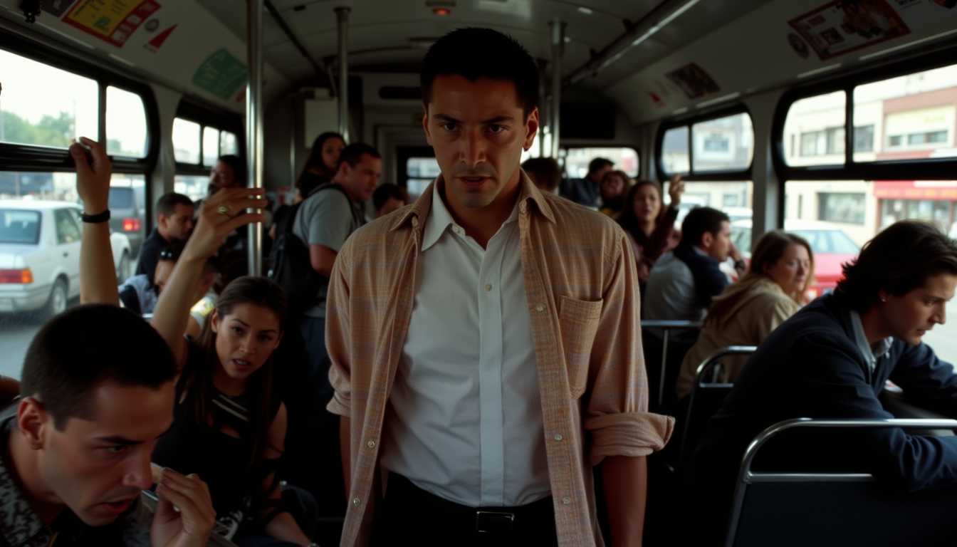 a photo of KNRm, , A close-up shot of a determined police officer in casual clothes inside a bustling city bus. The officer, wearing a peach and tan open flannel shirt with the sleeves rolled up, and a white shirt underneath, has a stern yet calming expression. He speaks confidently to passengers who are visibly panicked and anxious, reminiscent of a scene from the movie Speed. The bus interior is slightly worn, with dim lighting casting dramatic shadows and highlighting the tense atmosphere. The officer stands in the center aisle, with some passengers seated and others standing, grasping handrails nervously. Outside the bus windows, city buildings blur by, indicating the fast speed of the bus. The overall mood is urgent and tense, with a sense of motion and chaos conveyed by the expressions and body language of the passengers. Use a cinematic, action-thriller style with realistic textures, high contrast, and dynamic composition to enhance the drama of the scene.