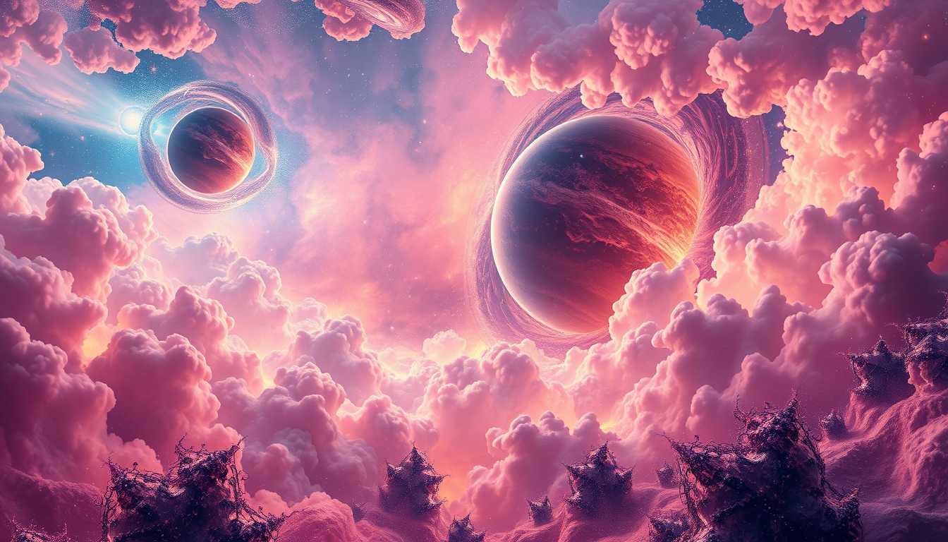 Title: "Mysteries of the Universe Unveiled"

Prompt: Create an ethereal, abstract cosmic panorama that conveys a profound sense of wonder and the unknown. Central to the image are intricate, ring-shaped structures and colossal planets, each vividly detailed with swirling textures and vibrant colors. The scene is bathed in a mesmerizing mix of nebulous clouds, teeming with warm pinks, purples, and deep blues. Stars and distant galaxies glitter and glimmer throughout the composition, adding layers of depth and complexity.

In the foreground, fractal patterns emerge, their delicate lines and curves reminiscent of the infinite mysteries of the cosmos. These patterns give the impression of floating in multiple dimensions beyond our own, creating an almost holographic effect. The camera angle is wide and slightly tilted, emphasizing the vastness and boundless nature of the universe.

The lighting is a luminous blend of soft glows and intense bursts, reminiscent of celestial phenomena. The overall atmosphere is one of awe-inspiring beauty and contemplation, capturing the enigmatic and infinite nature of space. Use a high-resolution, digital art style with intricate details and rich, saturated hues to bring this breathtaking vision to life.
