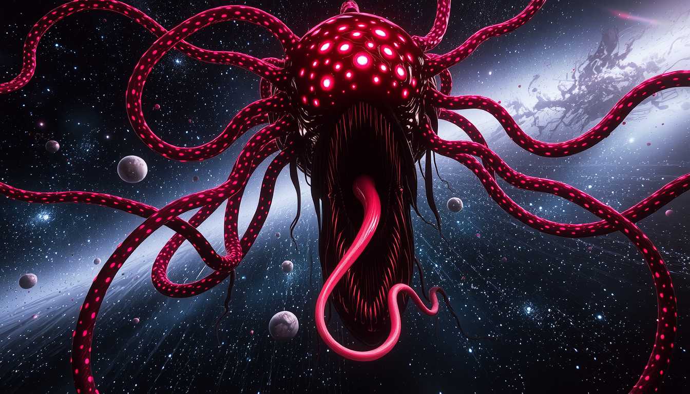 an entity kLO, Unreal Engine, 3D, Hyper-realism, Cinematic Film Capture: A cosmic photo of a colossal eldritch entity in the vast, cold expanse of space. The entity has a shifting, twisting body with long tendrils covered in pulsating crimson nodes. At its core lies a viscous, gaping maw with otherworldly hues. The creature's photo-optic red eyes capture the light and energy around it, bending starlight and shadows. Its body blends with the cosmic backdrop until it pulses with bioluminescent patterns. The creature's tongue, a pink, glowing appendage, slithers from its maw to taste its prey before pulling them into its endless void.