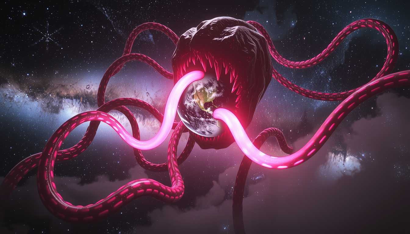 an entity kLO, Unreal Engine, 3D, Hyper-realism, Cinematic Film Capture: The creature's glowing pink tongue slithers from its maw, reaching toward a shattered planet. The tongue tastes the air, sensing the energy still lingering in the planet's core. The tendrils slowly wrap around the planet, tightening, as the creature prepares to feed. The stars around the scene are warped by the presence of the creature, casting long, distorted shadows across the cosmic landscape.