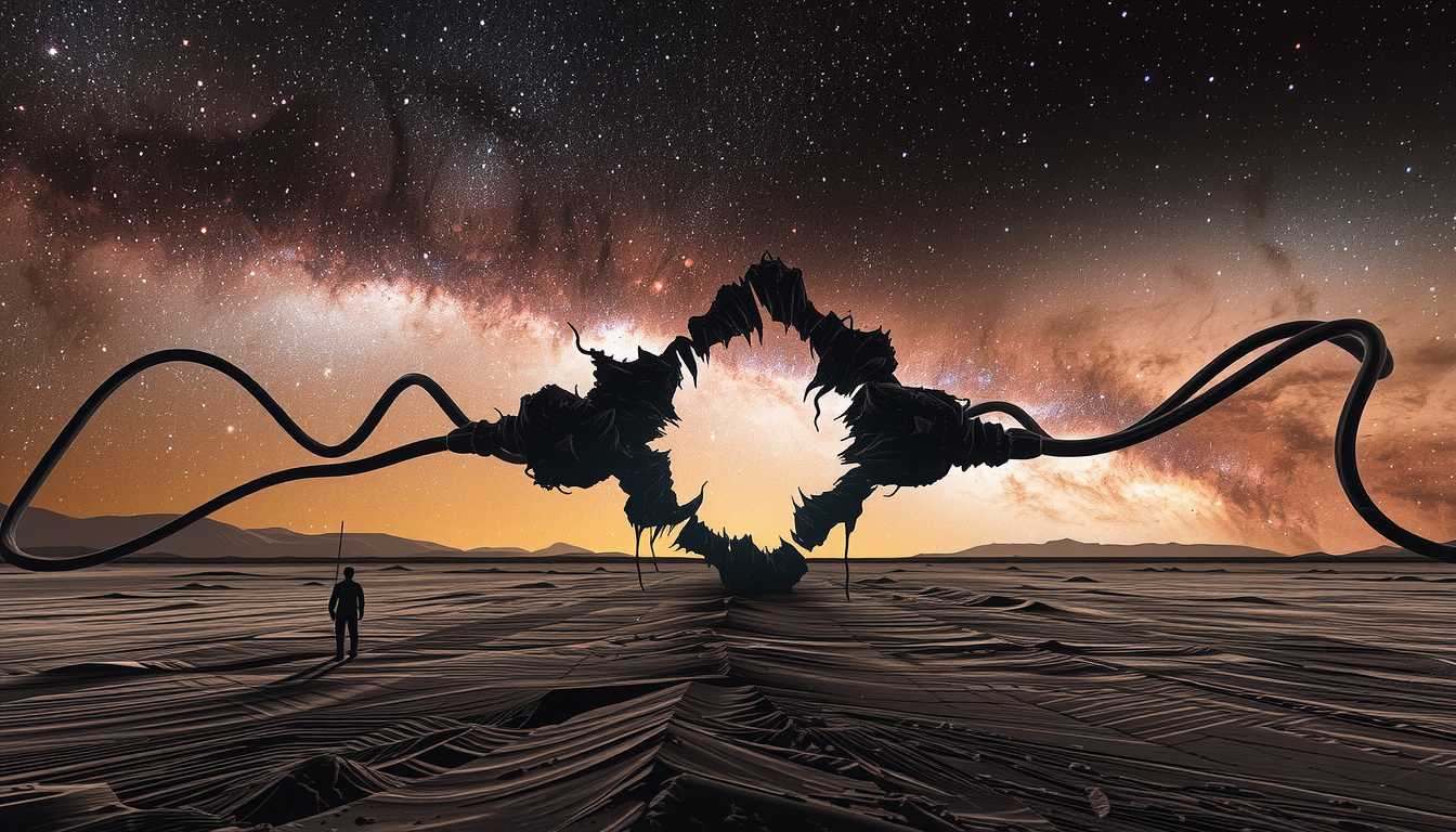 an entity kLO, Unreal Engine, 3D, Hyper-realism, Cinematic Film Capture: An ominous tear in the fabric of reality, stretching across a barren alien landscape under a starry sky. The tear is jagged and uneven, with dark, twisting tendrils reaching out, as though reality itself is fraying at the edges. The stars and nebulae in the sky seem to distort around the tear, bending light and casting strange, elongated shadows across the ground. This tear pulses with an otherworldly energy, as if something unfathomable is about to emerge from the void beyond.