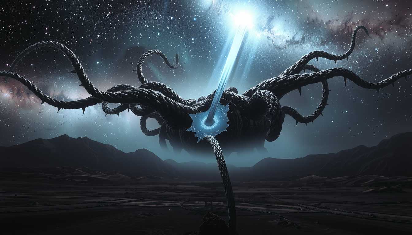 an entity kLO, Unreal Engine, 3D, Hyper-realism, Cinematic Film Capture: An ominous tear in the fabric of reality, stretching across a barren alien landscape under a starry sky. The tear is jagged and uneven, with dark, twisting tendrils reaching out, as though reality itself is fraying at the edges. The stars and nebulae in the sky seem to distort around the tear, bending light and casting strange, elongated shadows across the ground. This tear pulses with an otherworldly energy, as if something unfathomable is about to emerge from the void beyond.