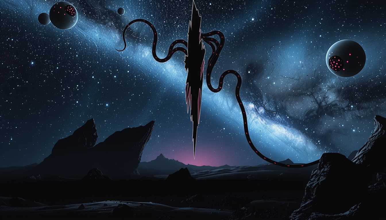 an entity kLO, Unreal Engine, 3D, Hyper-realism, Cinematic Film Capture: In the vast, cold expanse of space, a jagged tear appears in the sky—dark, subtle, almost blending into the starry backdrop. At first, it's barely noticeable, just a quiet ripple in the fabric of reality. The landscape below, barren and alien, sits in eerie stillness, untouched by time. The stars twinkle, distant galaxies swirling, and everything seems calm... for a moment.

But then, the tear begins to widen. Slowly, tendrils start to emerge, writhing and twisting as they slither from the void, covered in pulsating crimson nodes. These tendrils flicker with bioluminescent light, casting eerie shadows across the ground. The stars begin to warp around the growing tear, light bending as the entity forces its way through.

Suddenly, the once silent landscape shifts—small rocks and debris float upward as the gravity of the tear distorts reality itself. The tendrils move faster now, reaching out with intent. Something is hunting. The once-quiet sky is now alive with movement, as the massive creature reveals itself. Its tongue, glowing pink and serpentine, slithers out from the growing maw at the center of the tear, tasting the air, searching for its prey. The calm atmosphere gives way to chaos as the tendrils lash out, ready to consume everything in their path.