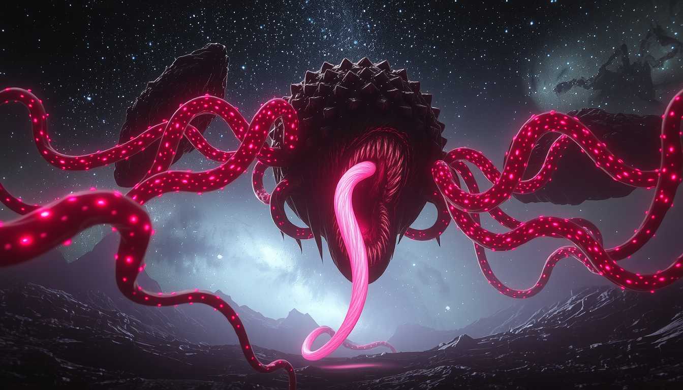 an entity kLO, Unreal Engine, 3D, Hyper-realism, Cinematic Film Capture: But then, the tear begins to widen. Slowly, tendrils start to emerge, writhing and twisting as they slither from the void, covered in pulsating crimson nodes. These tendrils flicker with bioluminescent light, casting eerie shadows across the ground. The stars begin to warp around the growing tear, light bending as the entity forces its way through.
Suddenly, the once silent landscape shifts—small rocks and debris float upward as the gravity of the tear distorts reality itself. The tendrils move faster now, reaching out with intent. Something is hunting. The once-quiet sky is now alive with movement, as the massive creature reveals itself. Its tongue, glowing pink and serpentine, slithers out from the growing maw at the center of the tear, tasting the air, searching for its prey. The calm atmosphere gives way to chaos as the tendrils lash out, ready to consume everything in their path.