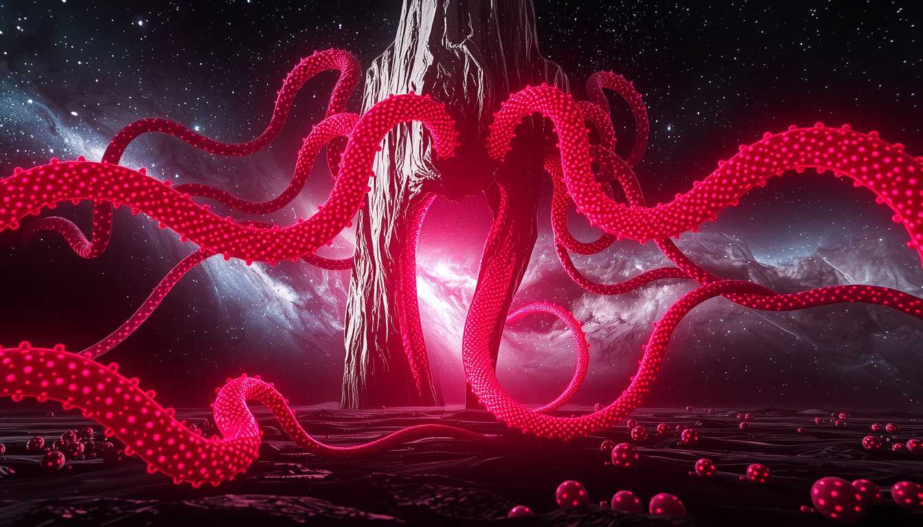 an entity kLO, Unreal Engine, 3D, Hyper-realism, Cinematic Film Capture: But then, the tear begins to widen. Slowly, tendrils start to emerge, writhing and twisting as they slither from the void, covered in pulsating crimson nodes. These tendrils flicker with bioluminescent light, casting eerie shadows across the ground. The stars begin to warp around the growing tear, light bending as the entity forces its way through.
