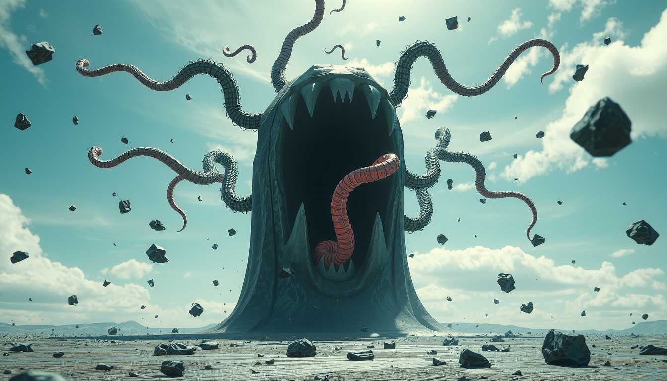 an entity kLO, Unreal Engine, 3D, Hyper-realism, Cinematic Film Capture: Suddenly, the once silent landscape shifts—small rocks and debris float upward as the gravity of the tear distorts reality itself. The tendrils move faster now, reaching out with intent. Something is hunting. The once-quiet sky is now alive with movement, as the massive creature reveals itself. Its tongue, glowing pink and serpentine, slithers out from the growing maw at the center of the tear, tasting the air, searching for its prey. The calm atmosphere gives way to chaos as the tendrils lash out, ready to consume everything in their path.

