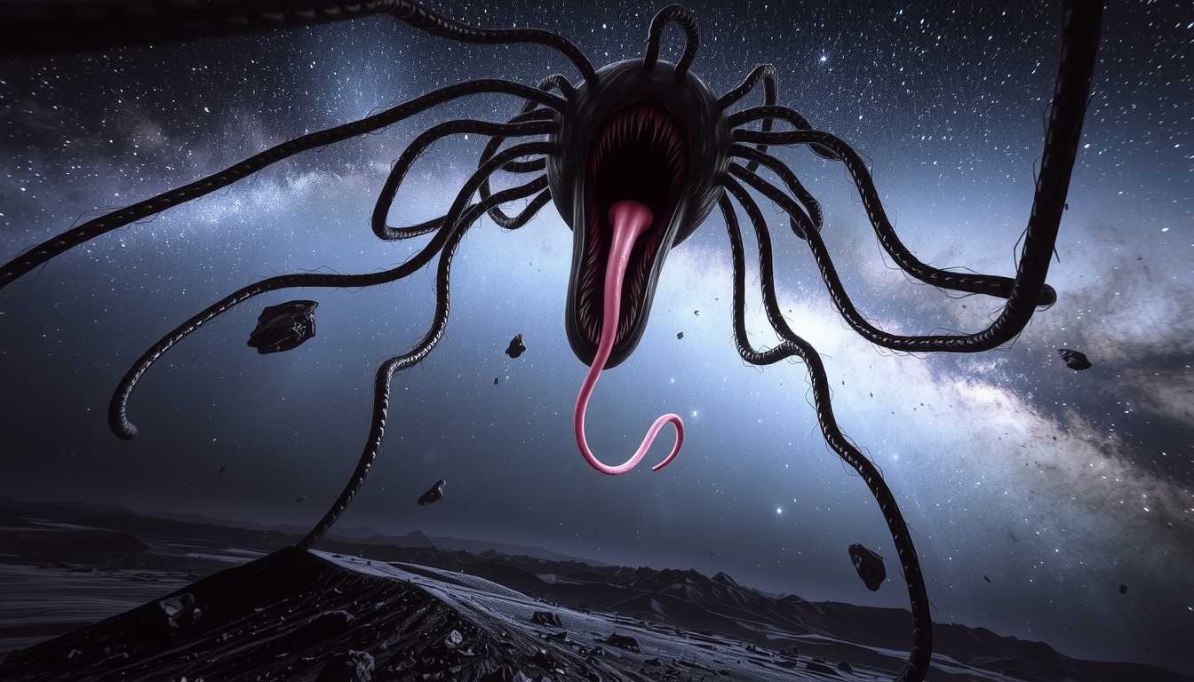 an entity kLO, Unreal Engine, 3D, Hyper-realism, Cinematic Film Capture: n the vast, cold expanse of space, a jagged tear appears in the sky—dark, subtle, almost blending into the starry backdrop. At first, it's barely noticeable, just a quiet ripple in the fabric of reality. The landscape below, barren and alien, sits in eerie stillness, untouched by time. The stars twinkle, distant galaxies swirling, and everything seems calm... for a moment. Suddenly, the once silent landscape shifts—small rocks and debris float upward as the gravity of the tear distorts reality itself. The tendrils move faster now, reaching out with intent. Something is hunting. The once-quiet sky is now alive with movement, as the massive creature reveals itself. Its tongue, glowing pink and serpentine, slithers out from the growing maw at the center of the tear, tasting the air, searching for its prey. The calm atmosphere gives way to chaos as the tendrils lash out, ready to consume everything in their path.
