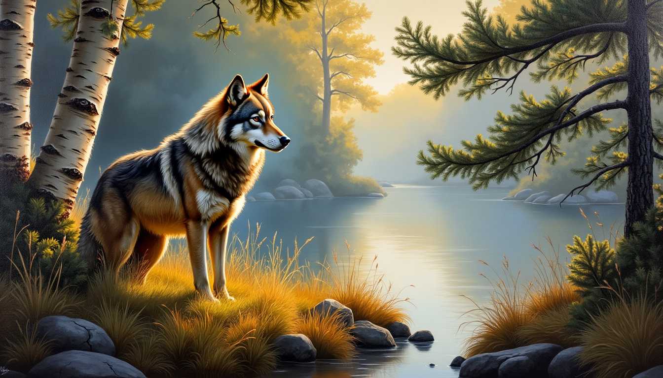 a realistic and detailed oil painting of a wolf standing among trees. the wolf's head turned slightly towards the viewer there are tall grasses and a birch tree obscuring the back half of the wolf there is a pine tree with dense green foliage that partially obscures the background which is a a calm body of water reflecting the light beautiful wilderness setting strong colours