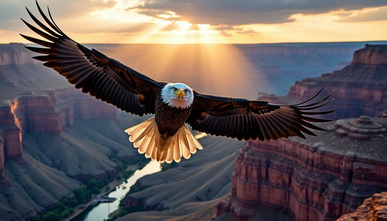 A majestic American bald eagle soars high above the Grand Canyon, its wings fully spread as it catches the warm updrafts. The eagle's feathers are detailed, with the white head and tail contrasting sharply against the deep blues and purples of the canyon below. The landscape stretches out in a vast, rugged expanse, with the Colorado River winding through the depths. The sun is setting in the background, casting a golden hue across the scene. Sunlight rays break through the clouds, adding a dramatic and uplifting atmosphere, emphasizing the eagle's powerful form. The perspective is wide-angle, tilted slightly, as if the viewer is soaring alongside the eagle, capturing the sense of height and grandeur.