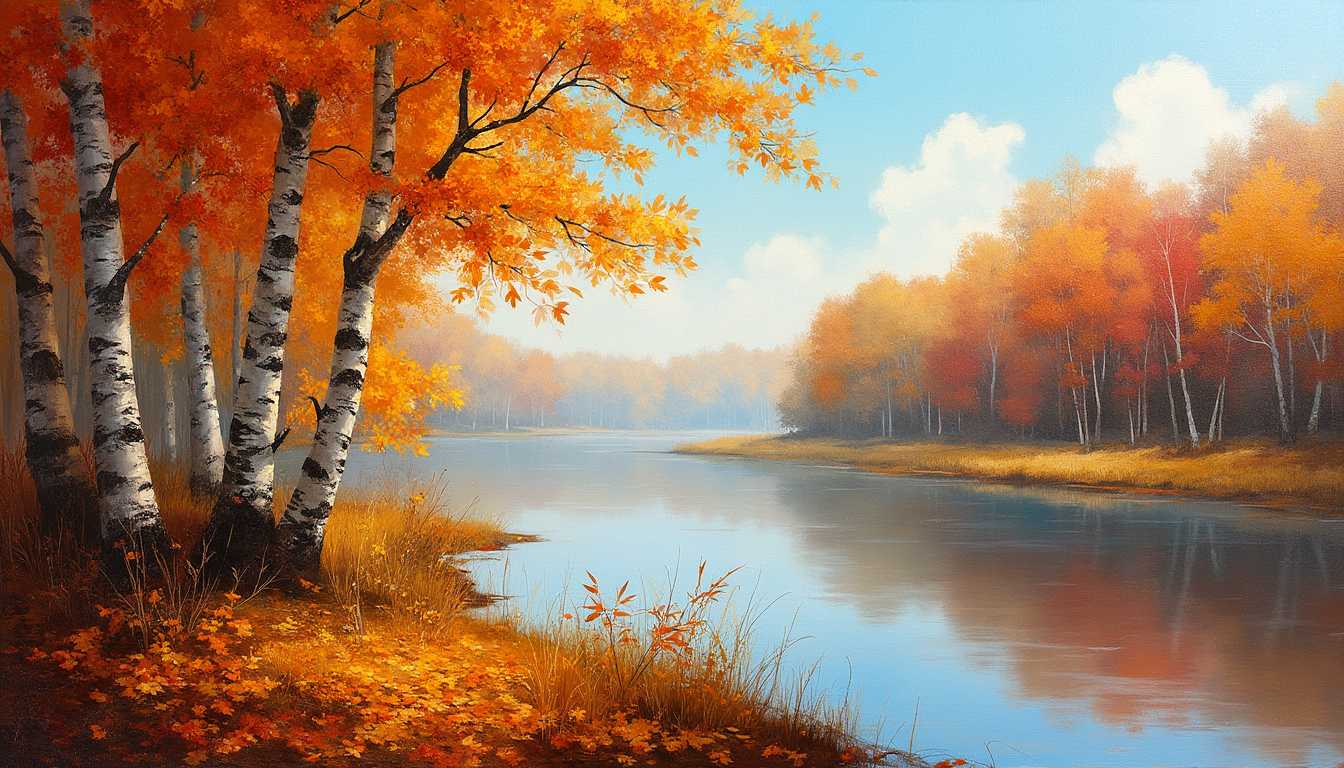 Autumnal River Landscape with Reflective Water and Birch Trees