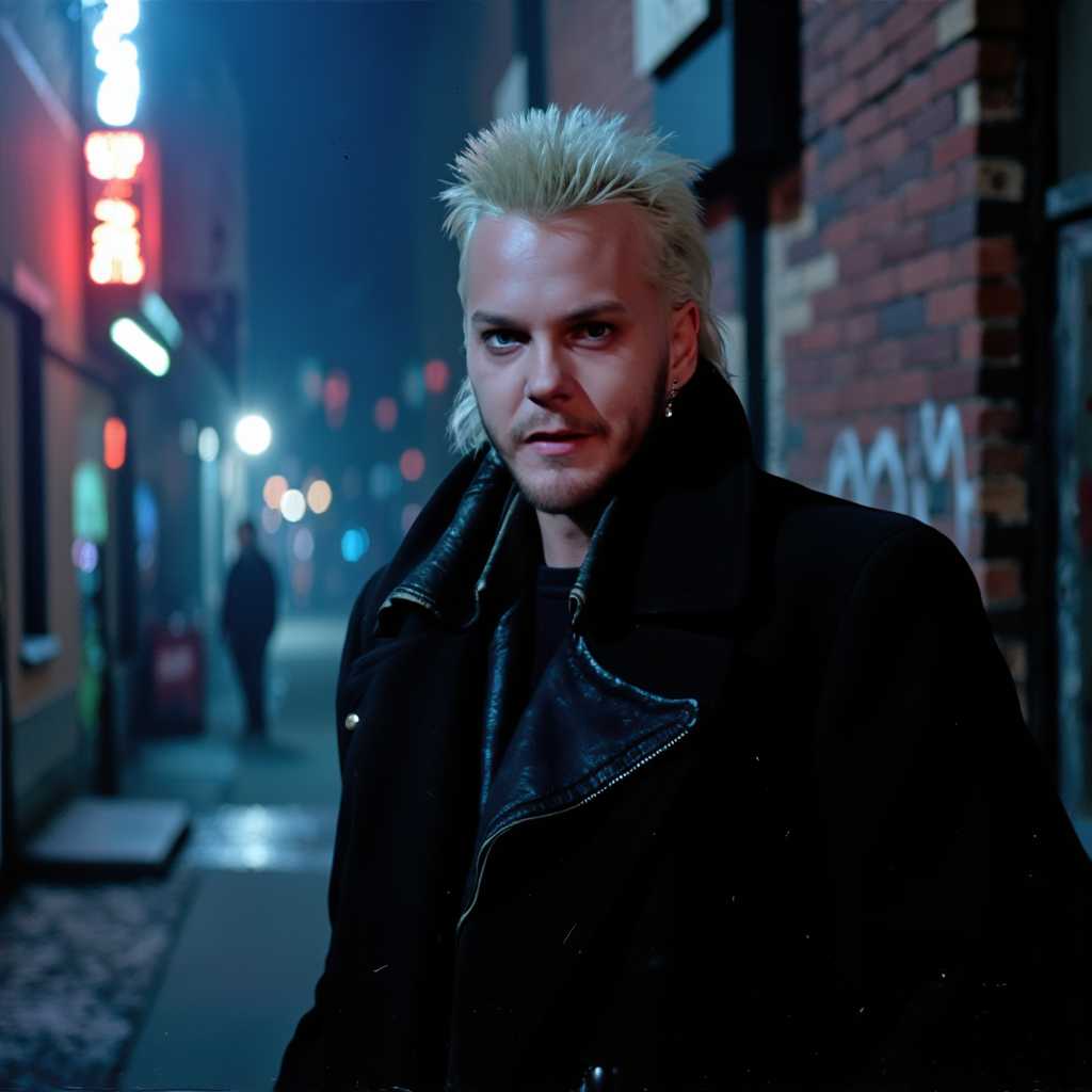 a photo of KFR man, , Kiefer Sutherland as a vampire from The Lost Boys, cinematic style, medium shot. He stands in a dimly lit, grungy urban alleyway, illuminated by the flickering neon lights of nearby signs. Sutherland's iconic platinum blonde hair is tousled, casting shadows on his rugged face. His piercing eyes exude a menacing, yet charismatic presence. He wears a black leather trench coat, with the collar popped, alongside silver jewelry glinting subtly in the low light. The background is slightly out of focus, featuring graffiti-covered brick walls and faint mist swirling around his feet, adding an eerie atmosphere. The scene is set at night, with a bluish hue and occasional sparks from malfunctioning streetlights, enhancing the dark, mysterious mood. The composition captures the essence of 1980s cult-classic horror with a gritty, edgy aesthetic. Photography terms: shallow depth of field, high contrast, low-key lighting.