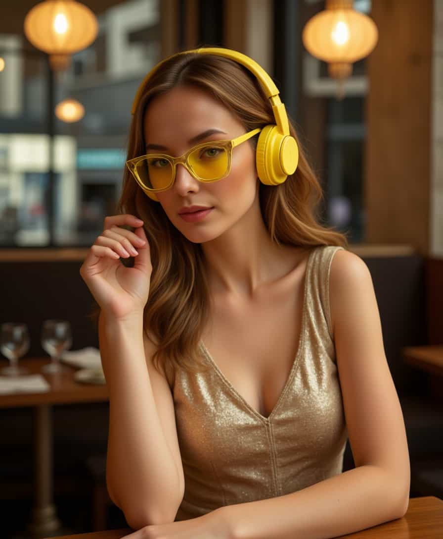 a photo of DOJANA,  sitting in a cafe in lisbon wearing an elegant dress. She has yellow futuristic glasses and square headphones
