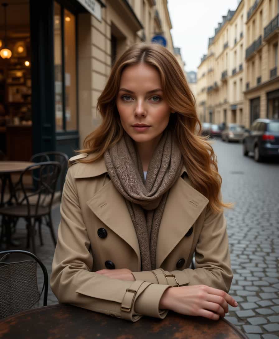 A high-resolution photograph of DOJANA with flowing, chestnut hair, wearing a chic trench coat and stylish scarf, sitting at a rustic iron table outside a quaint Parisian café, surrounded by cobblestone streets and vintage architecture under a soft, golden afternoon light; the mood is relaxed and elegant, capturing a moment of serene contemplation; shot with a shallow depth of field to blur