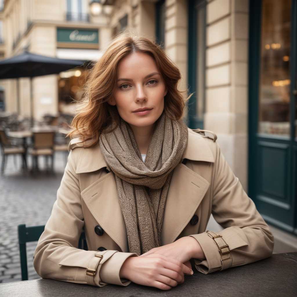 A high-resolution photograph of a European woman with flowing, chestnut hair, wearing a chic trench coat and stylish scarf, sitting at a rustic iron table outside a quaint Parisian café, surrounded by cobblestone streets and vintage architecture under a soft, golden afternoon light; the mood is relaxed and elegant, capturing a moment of serene contemplation; shot with a shallow depth of field to blur
