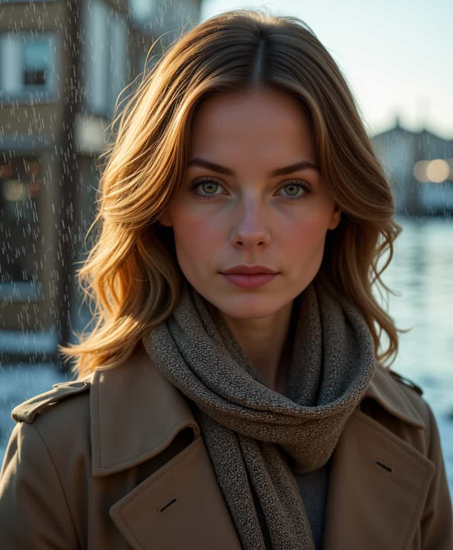 ShoulderLength Chestnut Hair and Earthy Scarf on a Fashionable Lady