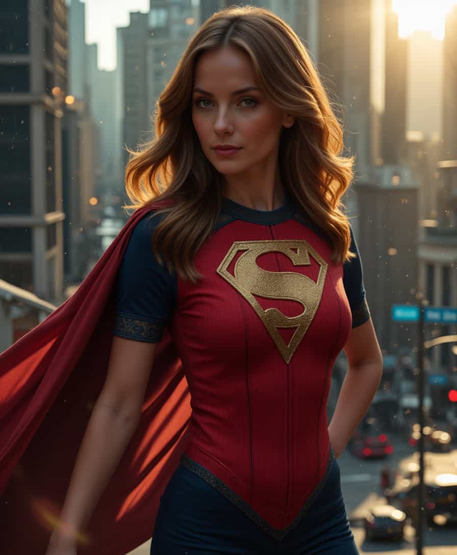 A high-resolution photograph capturing DOJANA as a superhero woman