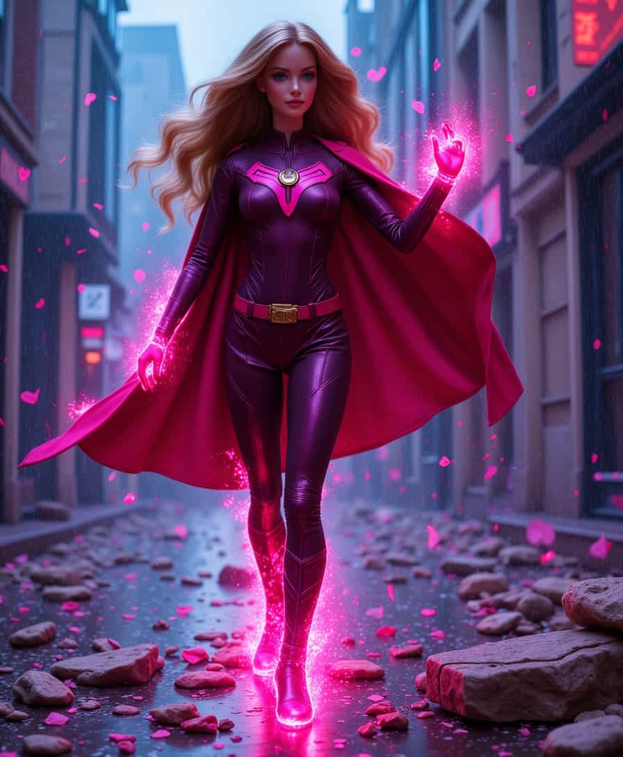<lora:Barbie_Doll_Flux:1> Barbie, A high-resolution photograph capturing DOJANA as a superhero woman