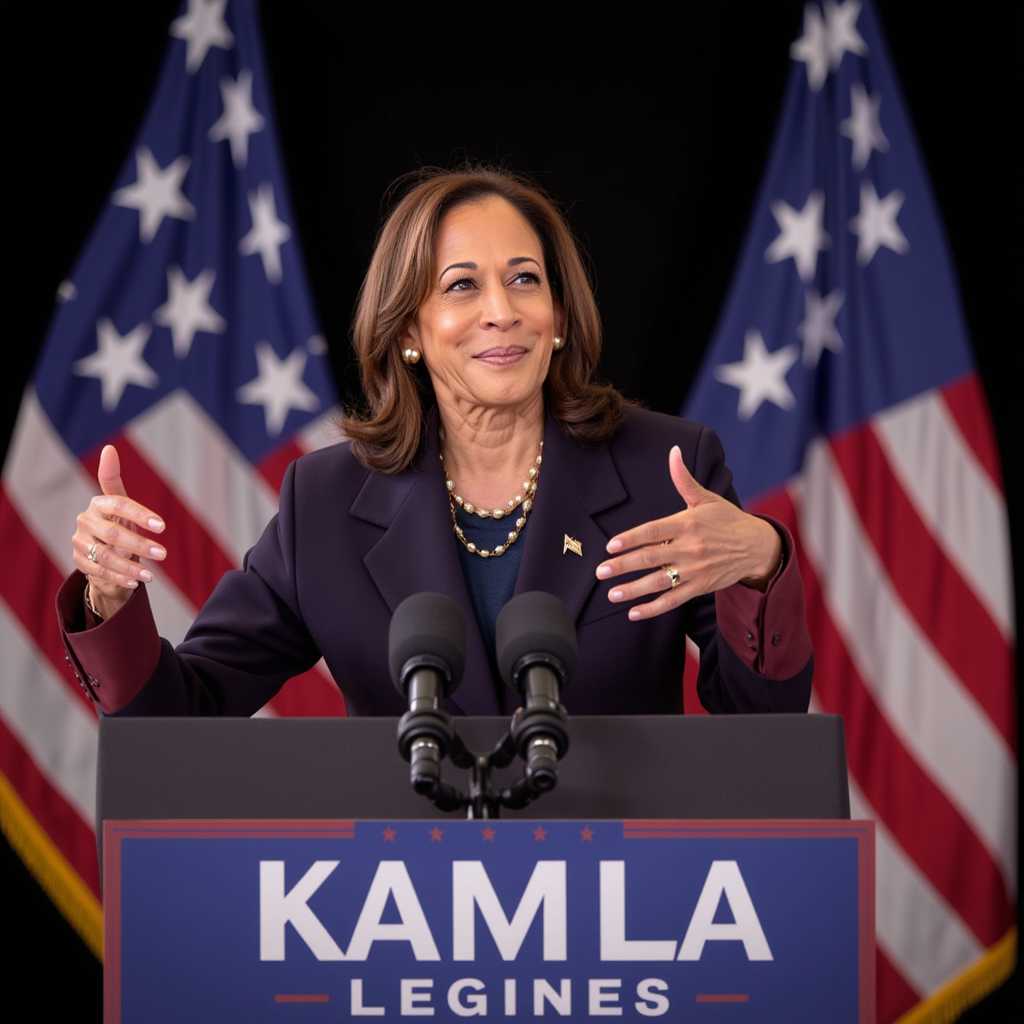 a photo of KAMALA, , KAMALA looking at viewer, smiling wearing professional outfit at a US election Podium 