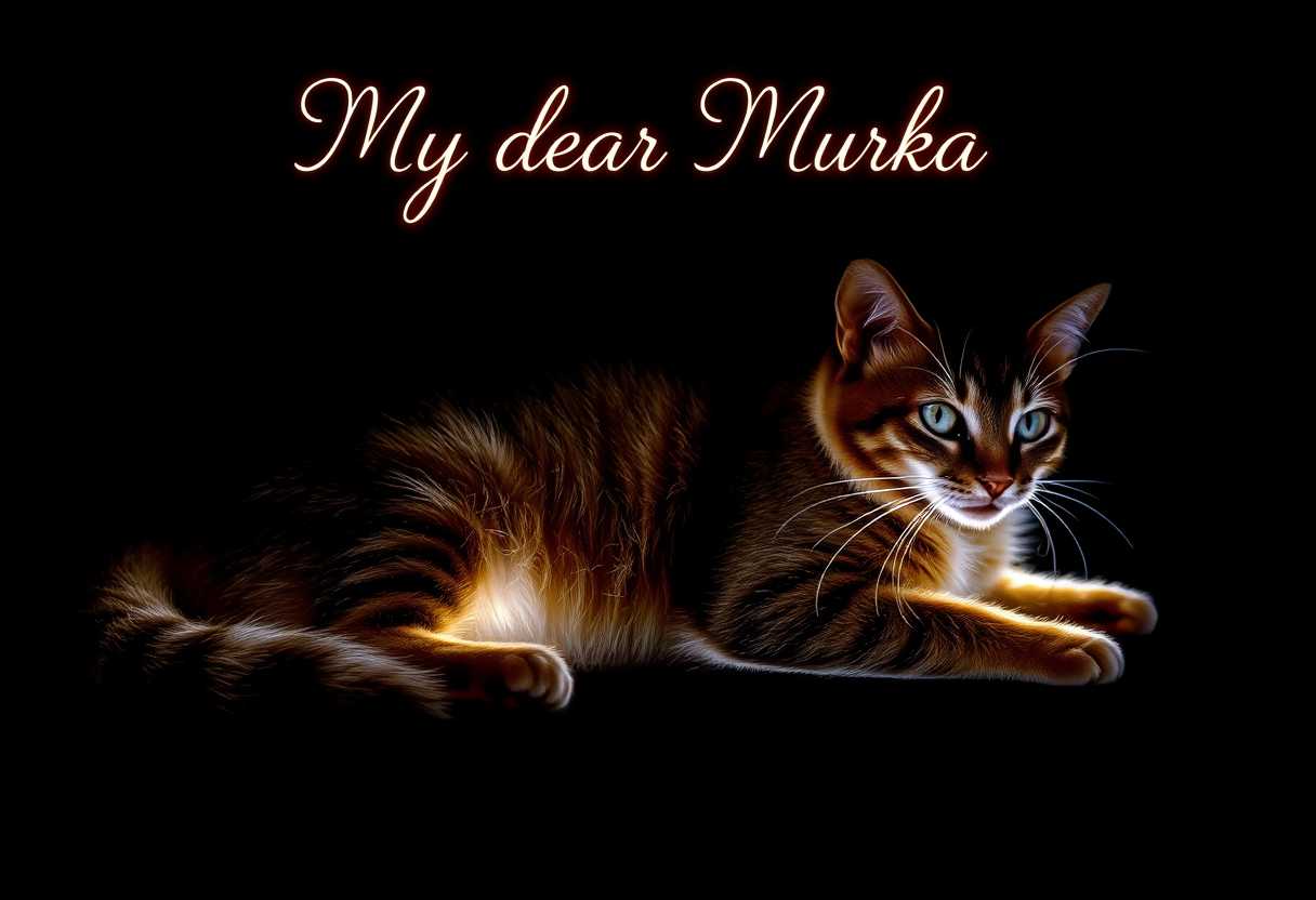 Light painting of a lying cat on a black background, glowing strokes creating the cat's fur with a subtle luminescence, delicate whiskers and defined paws outlined by shimmering light. The cat's eyes are softly illuminated, giving a sense of gentle curiosity. At the top, the text "My dear Murka" in elegant, glimmering script, floating softly above the cat. The overall atmosphere is serene and mysterious, with a focus on the ethereal light trails capturing the essence of the cat’s form. The black background contrasts starkly with the vibrant light, making the cat appear almost magical and otherworldly.