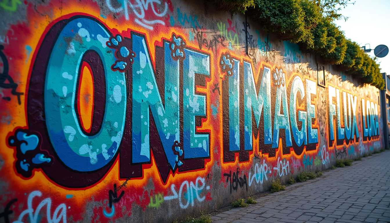 A vibrant, urban wall covered in detailed graffiti that prominently features the bold text "ONE IMAGE FLUX LORA". The wall texture is rough concrete, with the graffiti stretching from edge to edge, composed of multiple layers of paint. The color palette includes vivid reds, electric blues, neon greens, and bright yellows, creating a dynamic and energetic atmosphere. The graffiti text itself is in a striking, futuristic font, with each letter filled with intricate patterns and gradients that give a sense of depth and dimension. The surrounding graffiti elements include abstract shapes, geometric designs, and other street art motifs, blending seamlessly with the main text. The scene is set in the late afternoon, with natural light casting soft shadows, enhancing the textures and colors. The camera angle is slightly low, capturing the wall from a front-facing perspective that emphasizes the height and expansiveness of the graffiti. The overall mood is rebellious and artistic, reflecting the creativity and vibrancy of urban street art. The style leans towards hyper-realistic with a touch of cyberpunk influence, ensuring a captivating visual experience.
