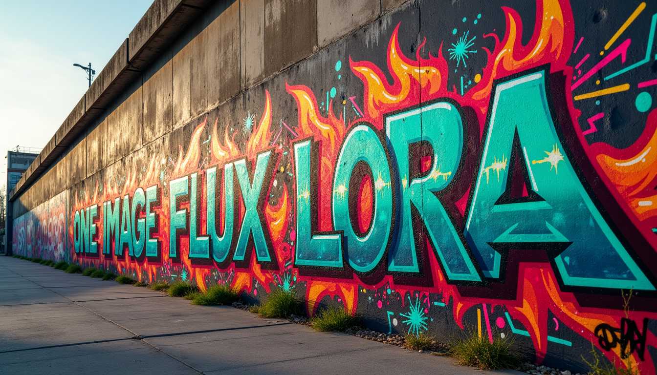 A vibrant, urban wall covered in detailed graffiti that prominently features the bold text "ONE IMAGE FLUX LORA". The wall texture is rough concrete, with the graffiti stretching from edge to edge, composed of multiple layers of paint. The color palette includes vivid reds, electric blues, neon greens, and bright yellows, creating a dynamic and energetic atmosphere. The graffiti text itself is in a striking, futuristic font, with each letter filled with intricate patterns and gradients that give a sense of depth and dimension. The surrounding graffiti elements include abstract shapes, geometric designs, and other street art motifs, blending seamlessly with the main text. The scene is set in the late afternoon, with natural light casting soft shadows, enhancing the textures and colors. The camera angle is slightly low, capturing the wall from a front-facing perspective that emphasizes the height and expansiveness of the graffiti. The overall mood is rebellious and artistic, reflecting the creativity and vibrancy of urban street art. The style leans towards hyper-realistic with a touch of cyberpunk influence, ensuring a captivating visual experience.