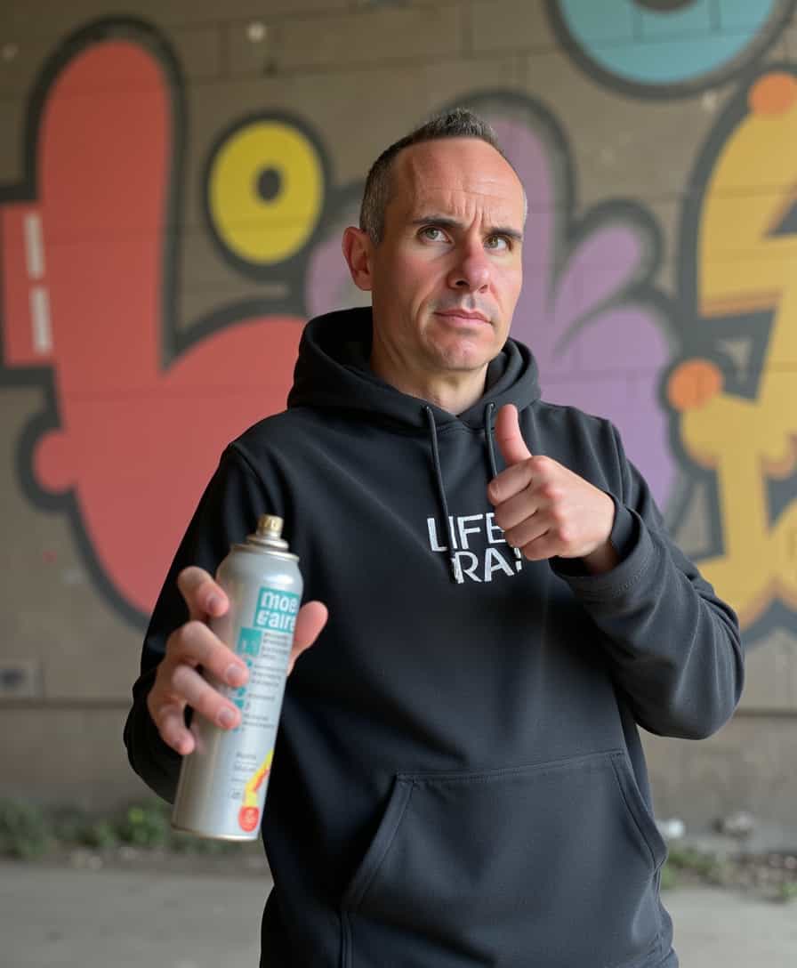 Man with Spray Paint Can in Front of Colorful Graffiti Wall