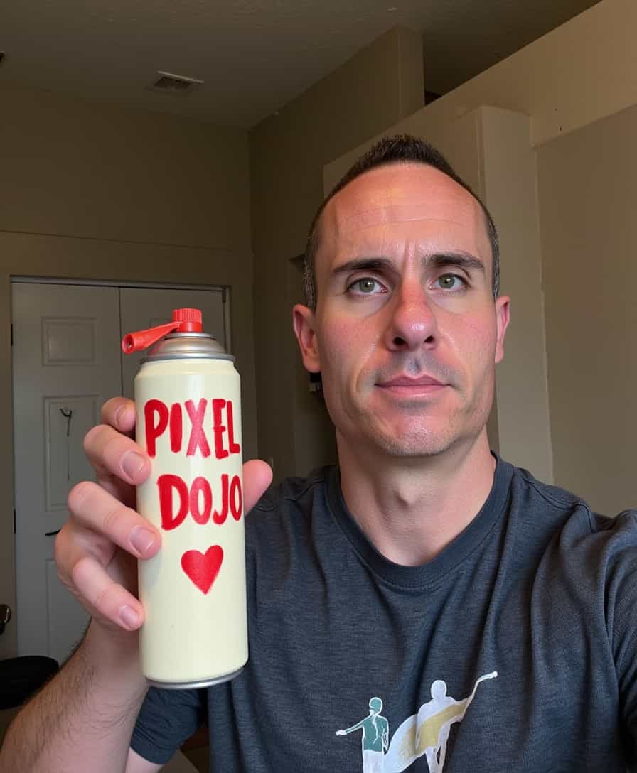 Man in Gray TShirt with Pixel Dojo Spray Paint Can