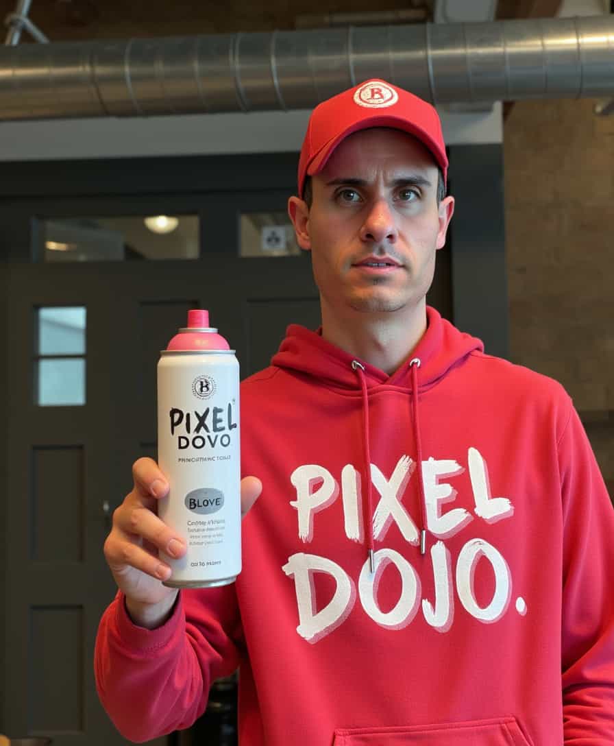 a photo of BLOVE man, holding a can of spray paint. The can of spray paint says "PIXEL DOJO"