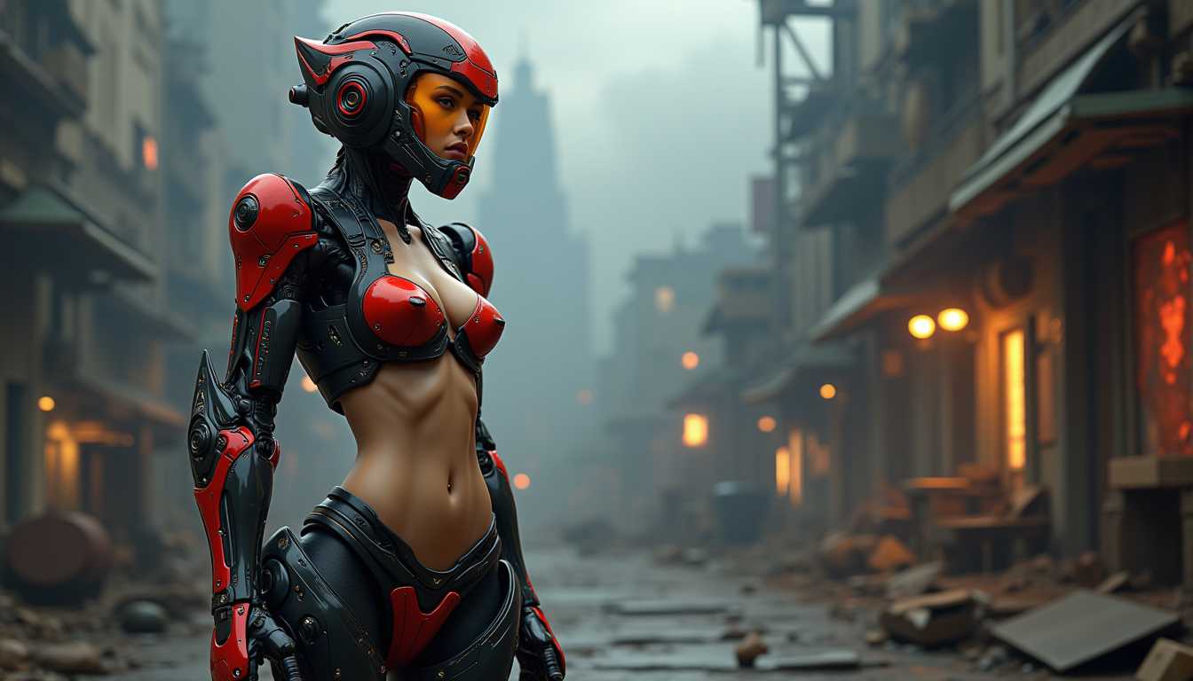 a photo of a nude mech girl, , background a dystopian city