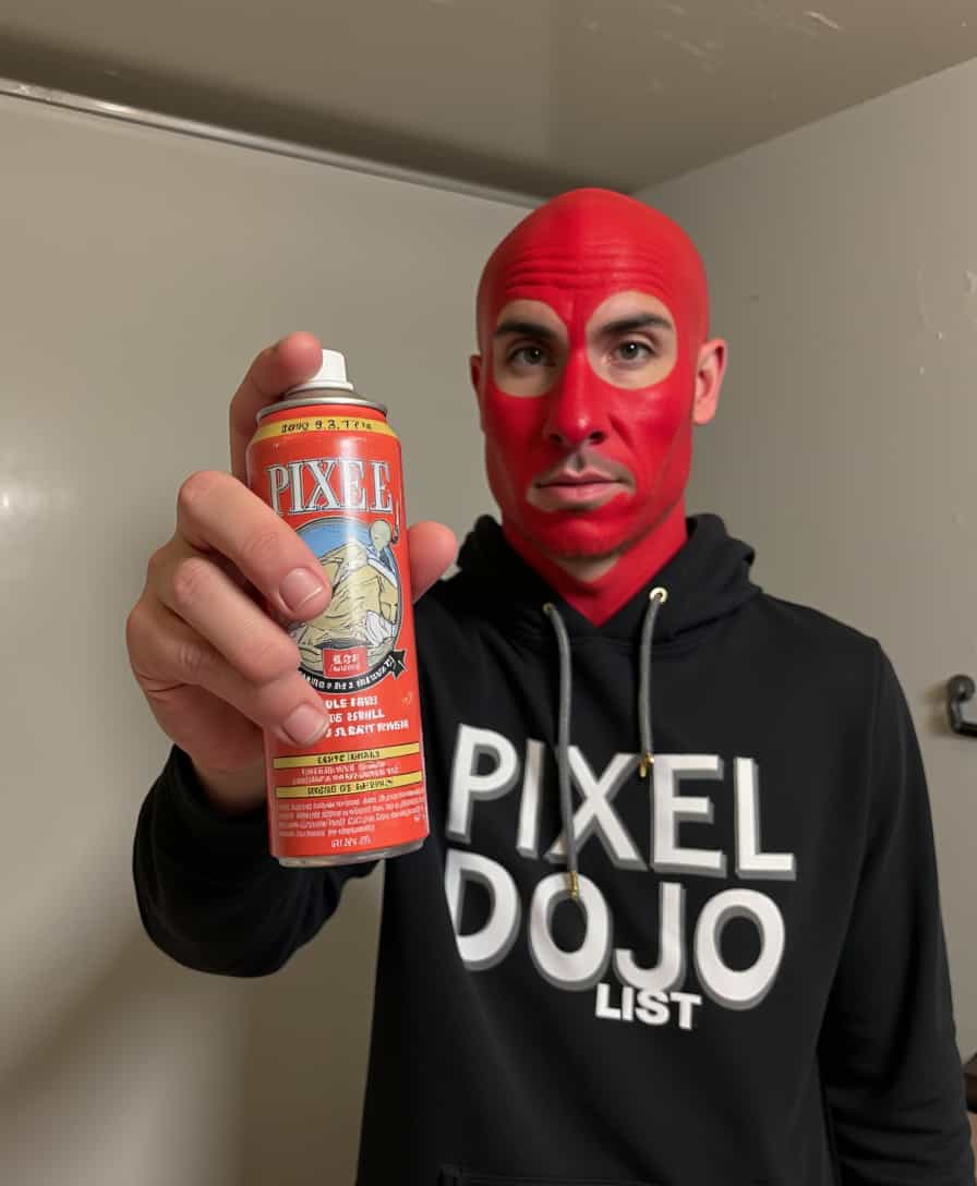 a photo of BLOVE man, holding a can of spray paint. The can of spray paint says "PIXEL DOJO"