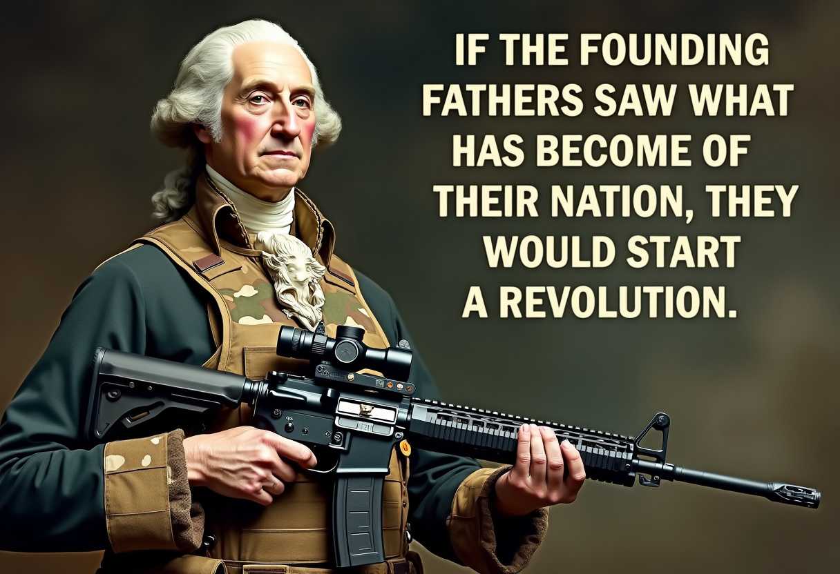 This image is a digitally altered photograph that combines historical elements with modern-day weaponry. President George Washington dressed in a military uniform that appears to be a camouflage pattern, suggesting a contemporary setting. The uniform is layered with a tactical vest, which is a common piece of gear for military personnel, indicating readiness for combat or a special operation.The individual is holding a modern assault rifle, which is a stark contrast to the historical attire, creating a juxtaposition between past and present. The rifle is equipped with a collapsible stock, a pistol grip, and a rail system for attaching additional accessories, such as a scope or a silencer, which are common features on contemporary firearms.The background is nondescript and blurred, focusing the viewers attention on the subject. The lighting is even and diffused, casting no harsh shadows and ensuring the subject is welllit.The text overlay on the image reads, IF THE FOUNDING FATHERS SAW WHAT HAS BECOME OF THEIR NATION, THEY WOULD START A REVOLUTION. This statement implies a critical view of the current state of the nation and suggests a deep dissatisfaction with the direction it has taken. The choice of the founding fathers, who are associated with the birth of the nation and its democratic principles, implies a high standard against which the nations current state is being measured.The overall art style of the image is a blend of realism and satire, as it combines elements of history with contemporary issues, creating a thoughtprovoking visual metaphor. The medium is digital photography, which has been manipulated to achieve the desired effect. The colors are muted, with earthy tones dominating the palette, which further emphasizes the serious and contemplative nature of the message conveyed by the image.