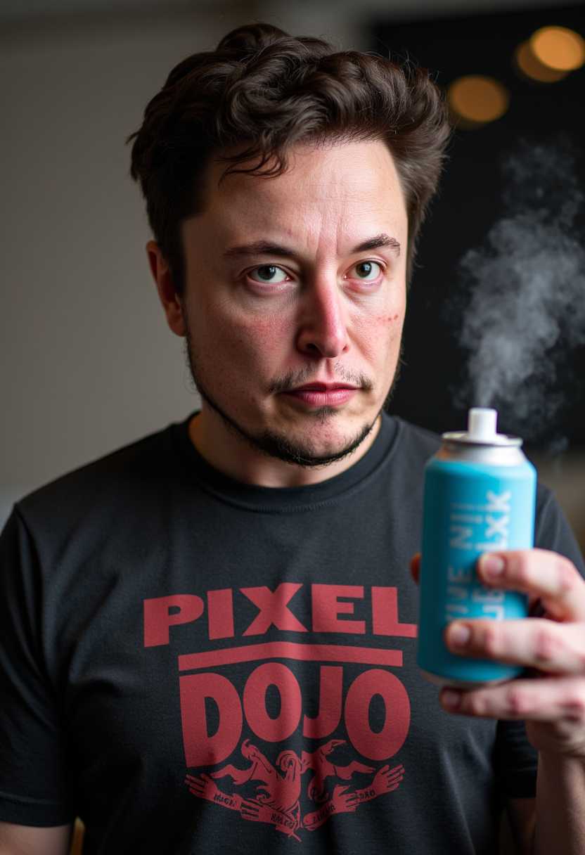 a photo of MUSK, , a photo of MUSK man looking at viewer, holding a can of spray paint, with a mist being sprayed out of the can. The can of spray paint says "PIXEL DOJO". wearing a t-shirt with the words "PIXEL DOJO".