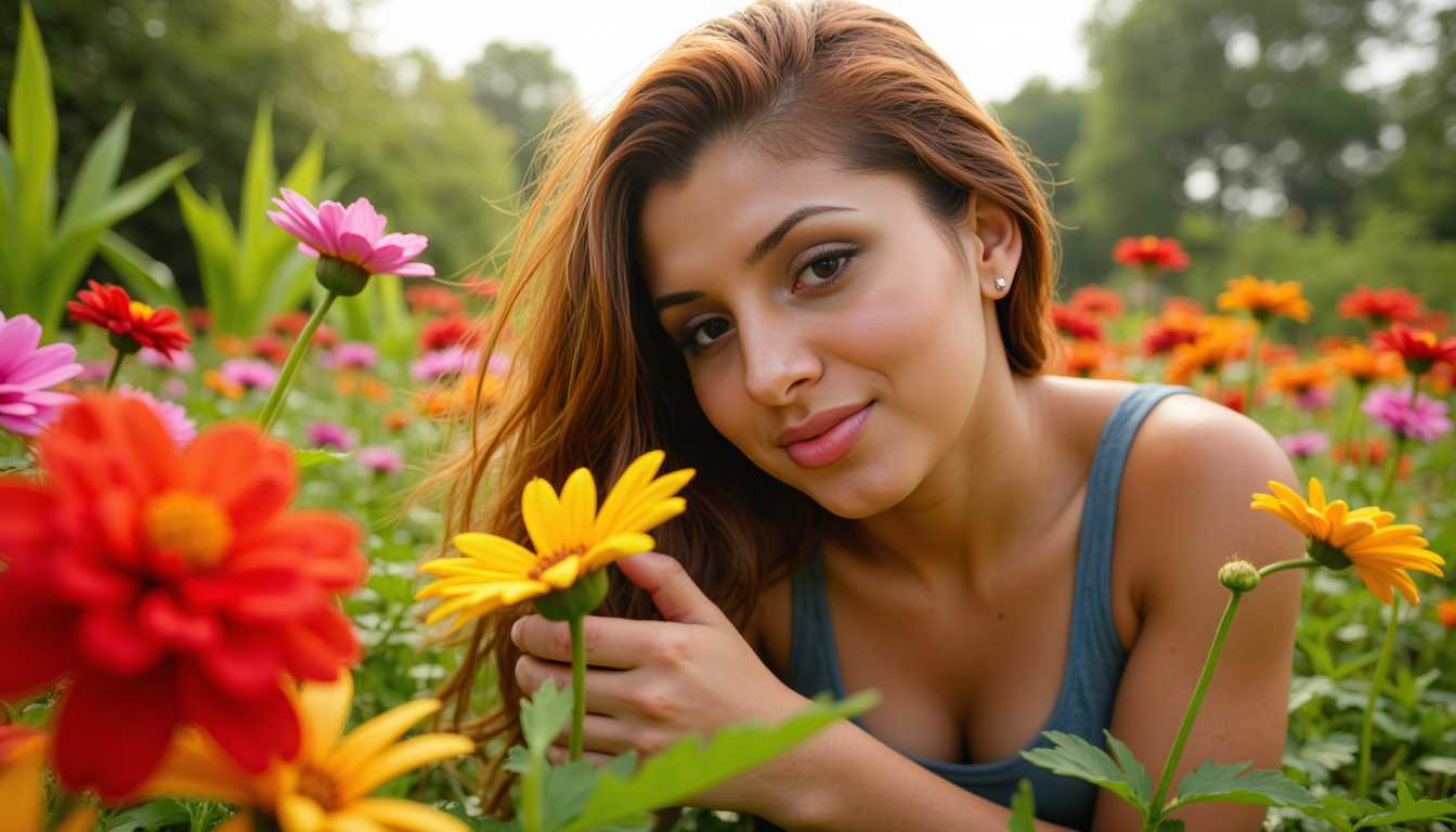 A high-resolution, candid photograph of STR woman in a vibrant, sunlit garden, surrounded by a lush variety of flowers in full bloom. STR is positioned slightly off-center, kneeling to pick a delicate daisy, his face reflecting a serene and content expression. The garden is bathed in the golden light of late afternoon, casting soft, warm shadows that create a tranquil and inviting atmosphere. The flowers display a kaleidoscope of colors—reds, pinks, yellows, and purples—with intricate petal details and dewdrops glistening under the sunlight. The background showcases an array of green foliage and tall plants, adding depth and richness to the scene.

The photo is taken from a low-angle perspective, capturing the scene with an intimate, close-up feel. The depth of field is shallow, with STR and the foreground flowers in sharp focus, while the background is beautifully blurred, creating a bokeh effect that emphasizes the main subject. The overall mood is one of peace, nature’s beauty, and a simple connection with the environment.